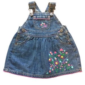 Vintage Oshkosh Denim Jumper Dress Girl’s 6M Embroidered Floral